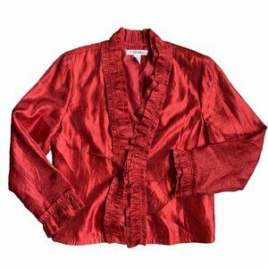 Rafael Jacket Womens 16 Jacket Long Sleeve Red Ruffle Tie Front Metallic Shiney‎
